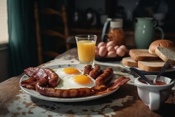 Traditional English breakfast with fried eggs, crispy bacon, sausages, fresh tomatoes, scrambled eggs, and toast. The meal is accompanied by a glass of orange juice and a bowl of eggs, set rustic