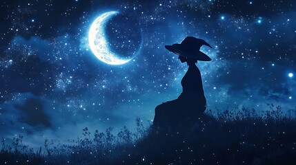 Silhouetted Witch Seated Under a Crescent Moon and Starry Sky