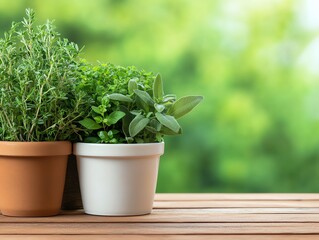 Fototapeta premium Two pots of fresh herbs on a wooden table with a blurred green background.