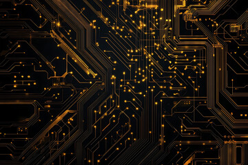 A modern abstract design featuring gold lines and dots representing network science and technology on a high-tech dark background. Ideal for templates, web design, and presentations