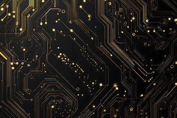 A modern abstract design featuring gold lines and dots representing network science and technology on a high-tech dark background. Ideal for templates, web design, and presentations