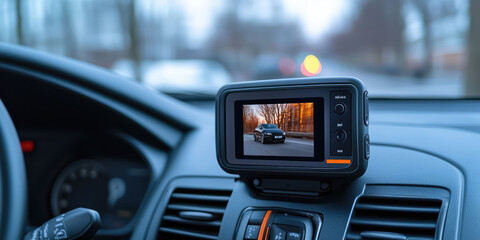 Video recorder screen in the car interior. Recording Traffic Situations for Driving. Smart Car Camcorder for Cars or Trucks. 