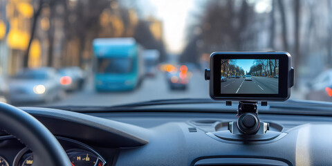 Video recorder screen in the car interior. Recording Traffic Situations for Driving. Smart Car Camcorder for Cars or Trucks. 