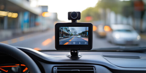 Video recorder screen in the car interior. Recording Traffic Situations for Driving. Smart Car Camcorder for Cars or Trucks. 