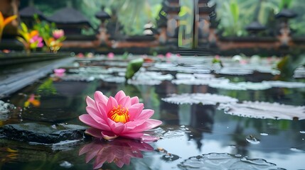 Bali Temple, bright flower, and water