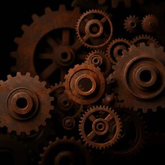 Rust programming language concept with rusty gears emerging from the dark , symbolizing robust and efficient coding .