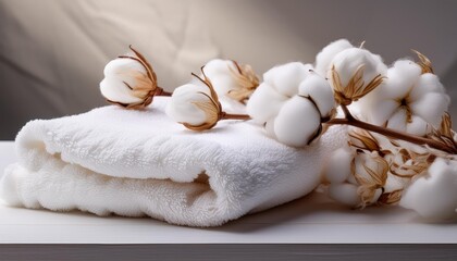 Soft white cotton blooms elegantly adorn a pristine white towel.
