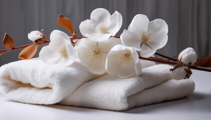 Soft white cotton blooms elegantly adorn a pristine white towel.