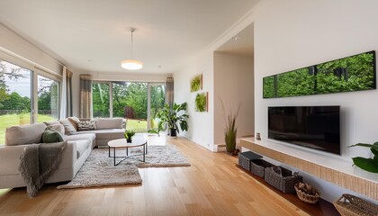 Fototapeta premium Spacious living room with large windows and beautiful garden views. It has cozy furniture, a TV, electric fireplace, and hardwood floors. White walls and a rug complete the inviting atmosphere.