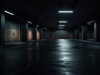 Sci fi looking dark and moody underground parking lot with fluorescent lights on. Concrete wall