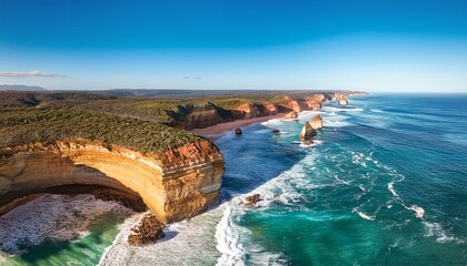 Obraz premium Spectacular aerial view of stunning coastline and cliffs on the Great Ocean Road in Australia