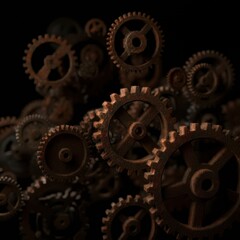 Rust programming language concept with rusty gears emerging from the dark , symbolizing robust and efficient coding .