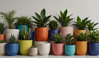 Fototapeta premium Close-up image of a range of plant pots in assorted sizes and colors, set against a pristine background