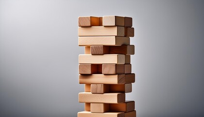 Stack of wooden blocks forming a tall Jenga tower on a gray backdrop.