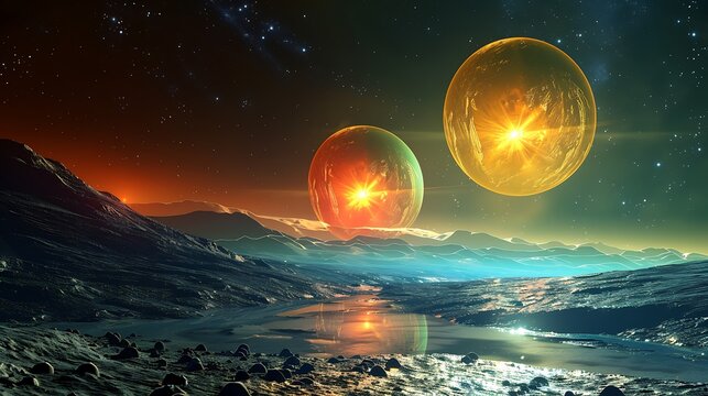 Two stars in a binary system orbiting each other, casting dual shadows on a rocky planet, vibrant colors and dynamic light effects, viewed from a distant moon,