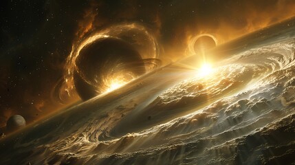 Two stars in a binary system orbiting each other, casting dual shadows on a rocky planet, vibrant colors and dynamic light effects, viewed from a space observatory,