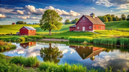 Obraz premium Idyllic American countryside scene in the summer , rural, farm, fields, barn, tractor, blue sky, grass, trees