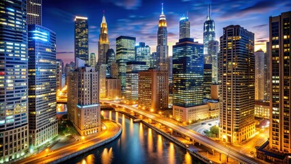 Night time in the bustling city of Chicago with skyscrapers and bright lights , Chicago, night, cityscape, urban