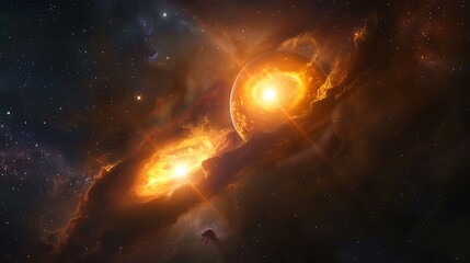 Fototapeta premium Two stars in a binary system orbiting each other, casting dual shadows on a rocky planet, vibrant colors and dynamic light effects, viewed from a space observatory,