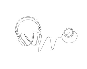 Continuous one line drawing of headphones combine with stethoscope. One line drawing illustration of headphones with stethoscope combined. Combine art design concept line art. Editable outline
