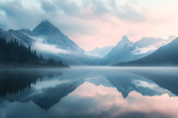 A mountain range with a lake in the foreground