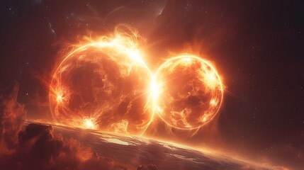 A binary star system with two stars casting dual shadows on a nearby planet, vibrant hues and dramatic lighting, seen from an interstellar probe,