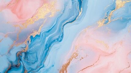 Naklejka premium A beautiful abstract marble texture with swirling blue and pink colors, adorned with gold glitter. It symbolizes fluidity, luxury, and the harmony of contrasting elements.