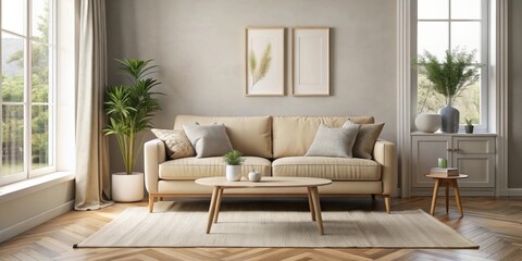 Obraz premium Scandinavian style living room featuring a beige settee , minimalist, Nordic, cozy, modern