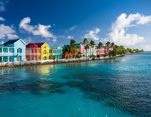 Obraz premium The houses along the Nassau coastline in the Bahamas are painted in vibrant colors, creating a captivating sight.