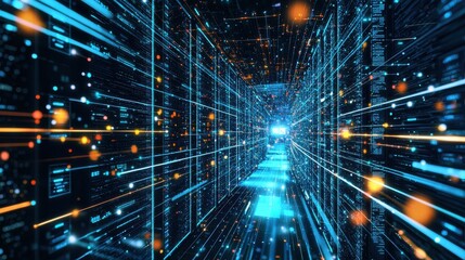 A digital landscape with data streams flowing between interconnected servers and AI algorithms processing vast amounts of information, symbolizing the power of big data analytics and artificial
