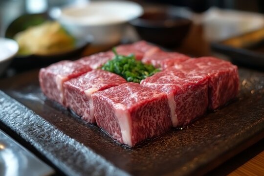A black plate with raw, uncooked beef cubes, arranged in rows, garnished with a sprig of fresh green herbs. This image evokes the anticipation of a delicious meal and the simplicity of preparing a cla