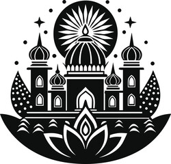 Traditional Diya Lamp Design with Decorative Patterns. Black and White Vector Art for Festivals and Cultural Celebrations