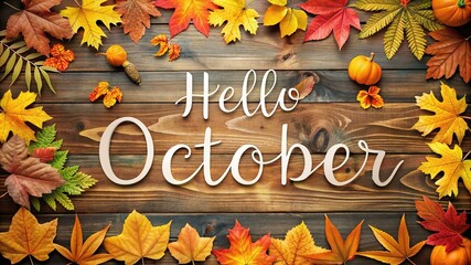 Hello October - Inspirational happy fall, autumn beautiful handwritten quote, gift tag, lettering message. Hand drawn autumn, October phrase. Handwritten modern brush calligraphy. Happy Thanksgiving