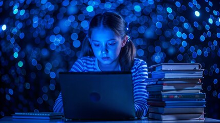 Student immerses in digital learning, surrounded by books and cosmic blue light