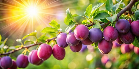 Ripe plums on branch with sun rays in background, plums, ripe, branch, sunlight, sun rays, fresh, natural, organic