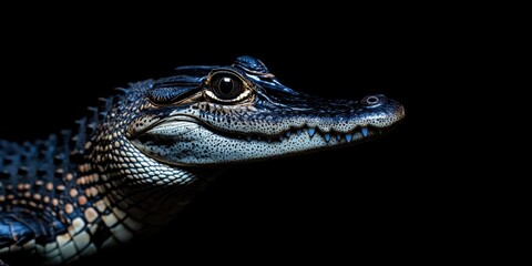 Fototapeta premium Photo of a crocodile isolated against a black background, emphasising the crocodile's majestic features. Wildlife and conservation concept, space for copy.