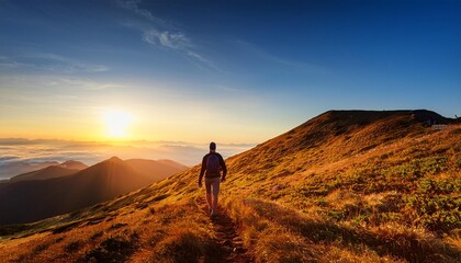 Fototapeta premium Traveler's Adventure Majestic Mountain Landscape with Silhouette of Active Person Hiking to the Top of a Hill at Sunrise