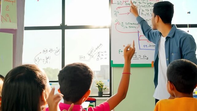 Enthusiastic indian teacher explaining math formula on whiteboard to his three students