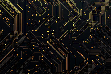 A modern abstract design featuring gold lines and dots representing network science and technology on a high-tech dark background. Ideal for templates, web design, and presentations