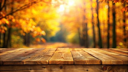 Wooden table with blurred autumn background, autumn, fall, wooden, table, bokeh, nature, seasonal, cozy, rustic, vintage