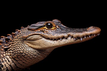 Fototapeta premium Photo of a crocodile isolated against a black background, emphasising the crocodile's majestic features. Wildlife and conservation concept, space for copy.