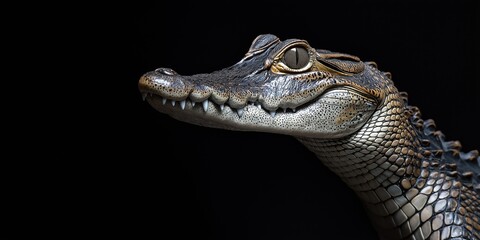 Fototapeta premium Photo of a crocodile isolated against a black background, emphasising the crocodile's majestic features. Wildlife and conservation concept, space for copy.