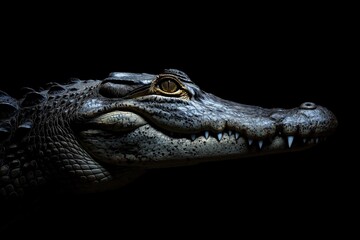 Fototapeta premium Photo of a crocodile isolated against a black background, emphasising the crocodile's majestic features. Wildlife and conservation concept, space for copy.