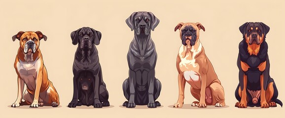 Five different dog breeds sitting in a row, all facing forward, in cartoon style.