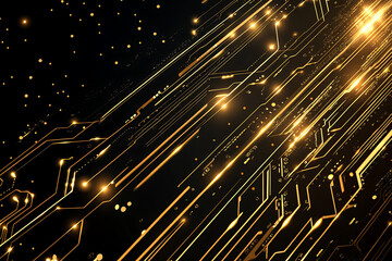 A modern abstract design featuring gold lines and dots representing network science and technology on a high-tech dark background. Ideal for templates, web design, and presentations