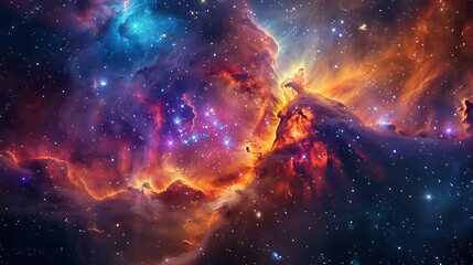 Fototapeta premium An expansive cloud of gas and dust in space, with stars forming within, light breaking through the mist, vibrant and colorful, seen from an orbiting station,