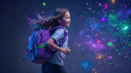 Girl races through colorful cosmic dust, backpack ready for educational adventure