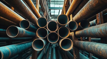 A close-up of stacked steel pipes in a warehouse, symbolizing industry, construction, infrastructure, manufacturing, and strength.