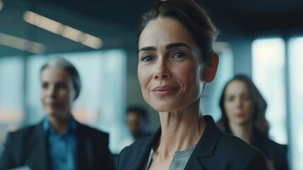 Fototapeta premium A professional woman exudes confidence, smiling happily among her colleagues in a sleek office environment, embodying teamwork and success