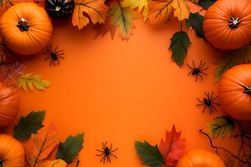 Happy Halloween flat lay mock up with Halloween pumpkins, leaves and spider web on orange background. Top view with copy space.